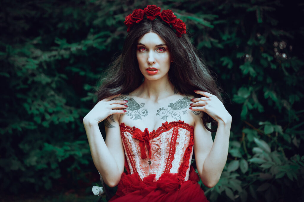 Das Portrait einer teuflische Frau mit weißer Haut und dunkelbraunen Haaren. Dunkelrote Rosen und ein rotes Kleid zieren sie.